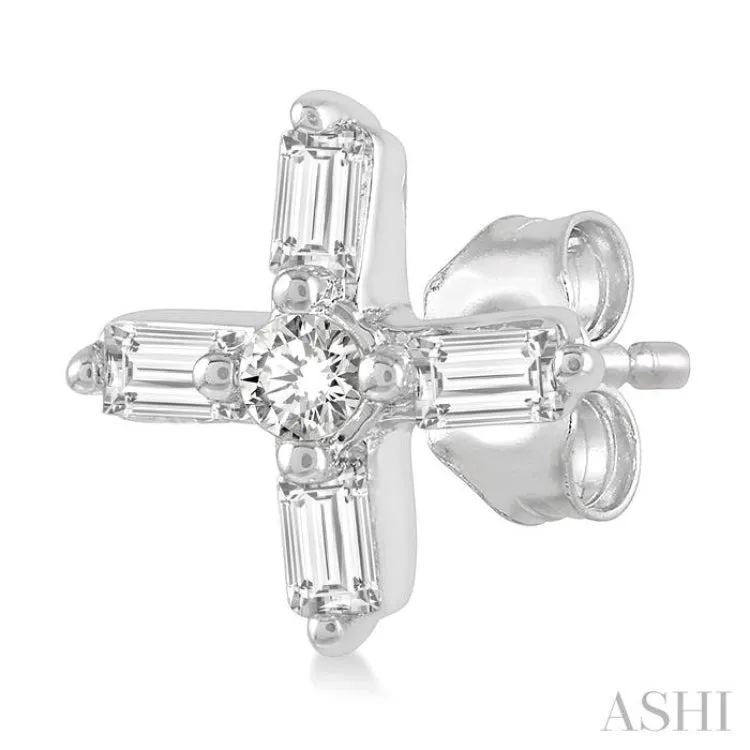 1/10 Ctw Greek Cross Baguette and Round Cut Diamond Petite Earring in 10K White Gold