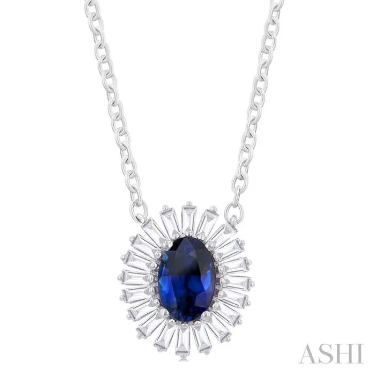 1/3 Ctw Oval Cut 6X4MM Sapphire and Baguette Cut Diamond Halo Precious Pendant With Chain in 14K White Gold