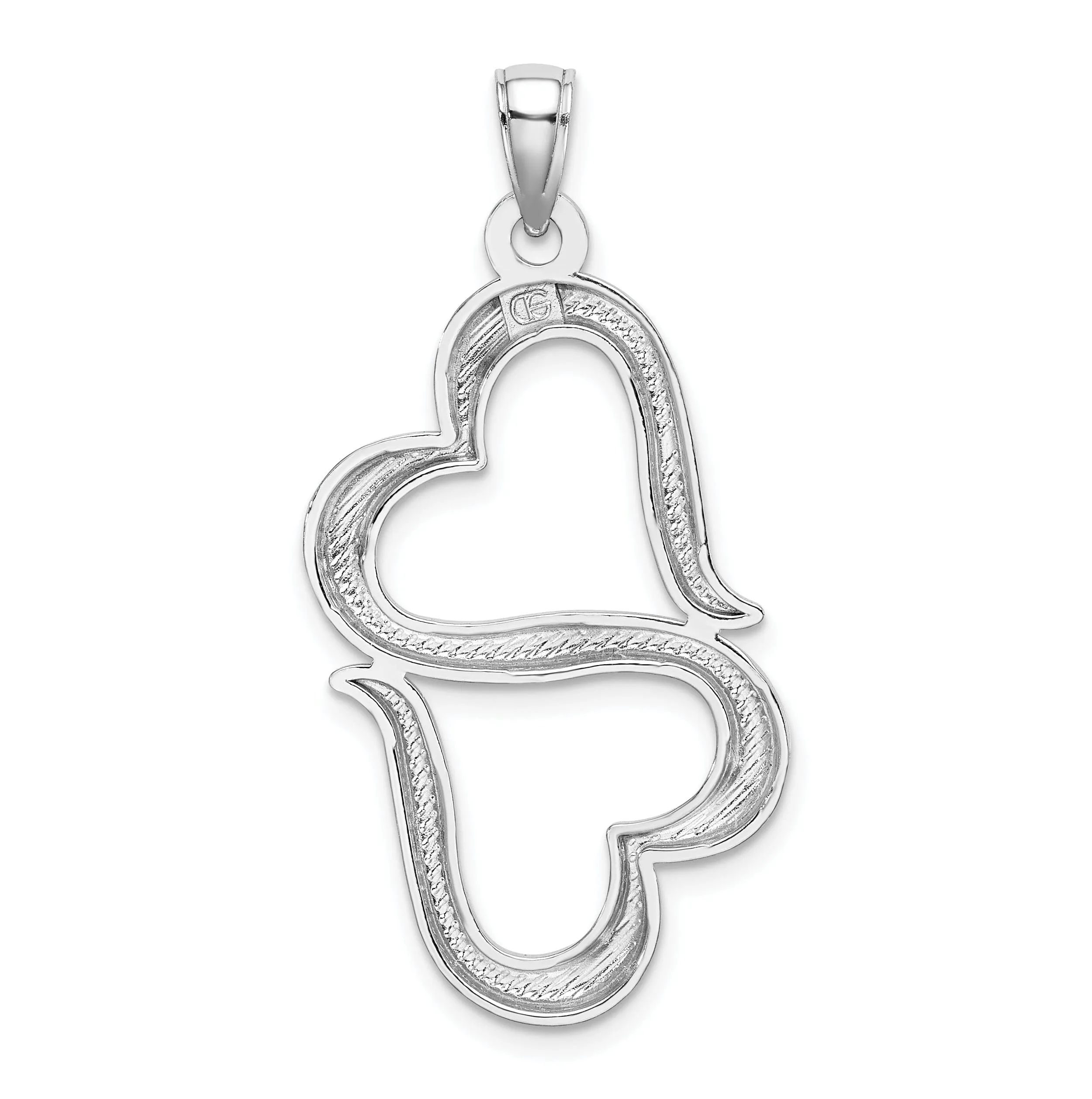 14K White Gold Polished Finish 3-Dimensional Solid Double Hanging Concave Hearts Design Charm Pendant