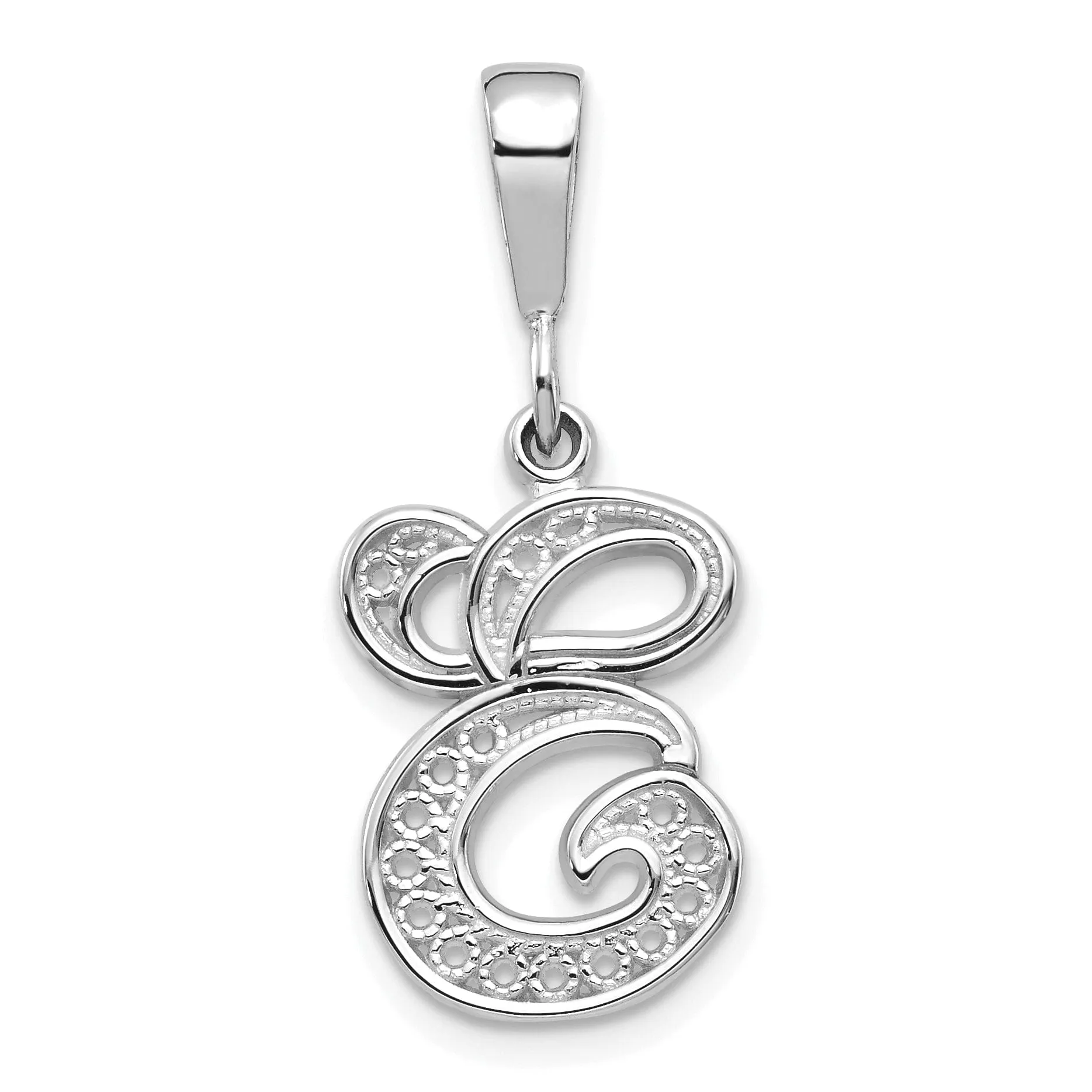 14K White GoldFancy Filigree Script Design Letter E Initial Pendant