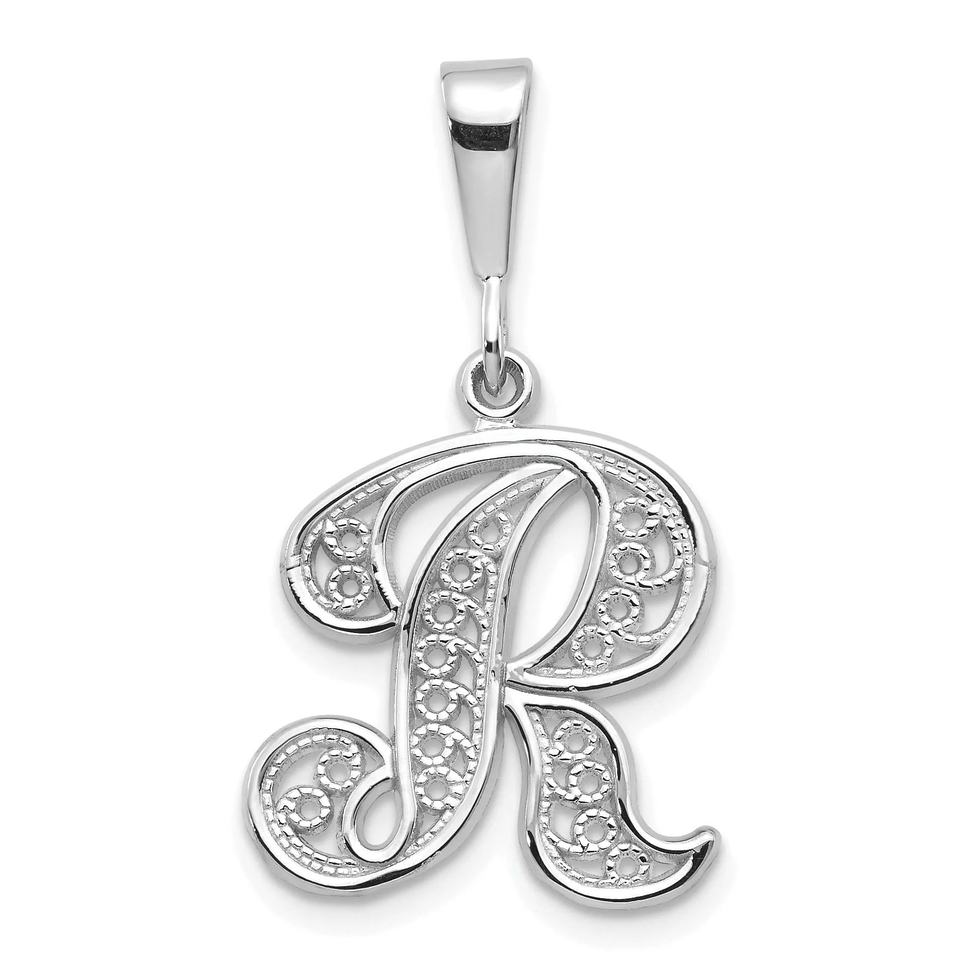 14K White GoldFancy Filigree Script Design Letter R Initial Pendant