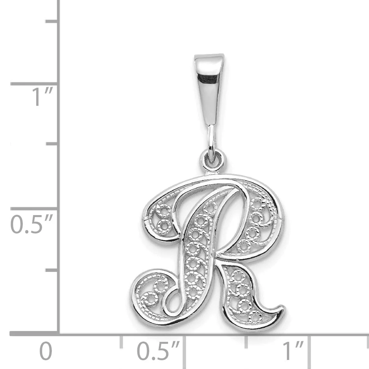 14K White GoldFancy Filigree Script Design Letter R Initial Pendant