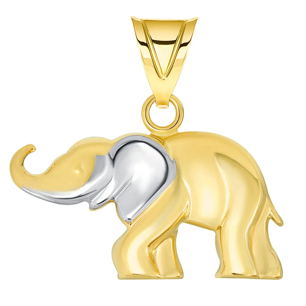 14k Yellow Gold High Polished Two Tone Elephant Pendant Necklace with Figaro Chain