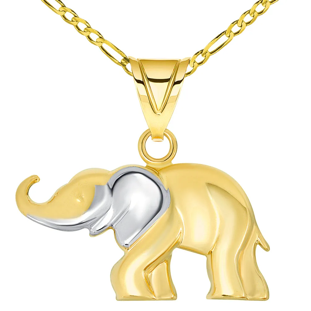 14k Yellow Gold High Polished Two Tone Elephant Pendant Necklace with Figaro Chain