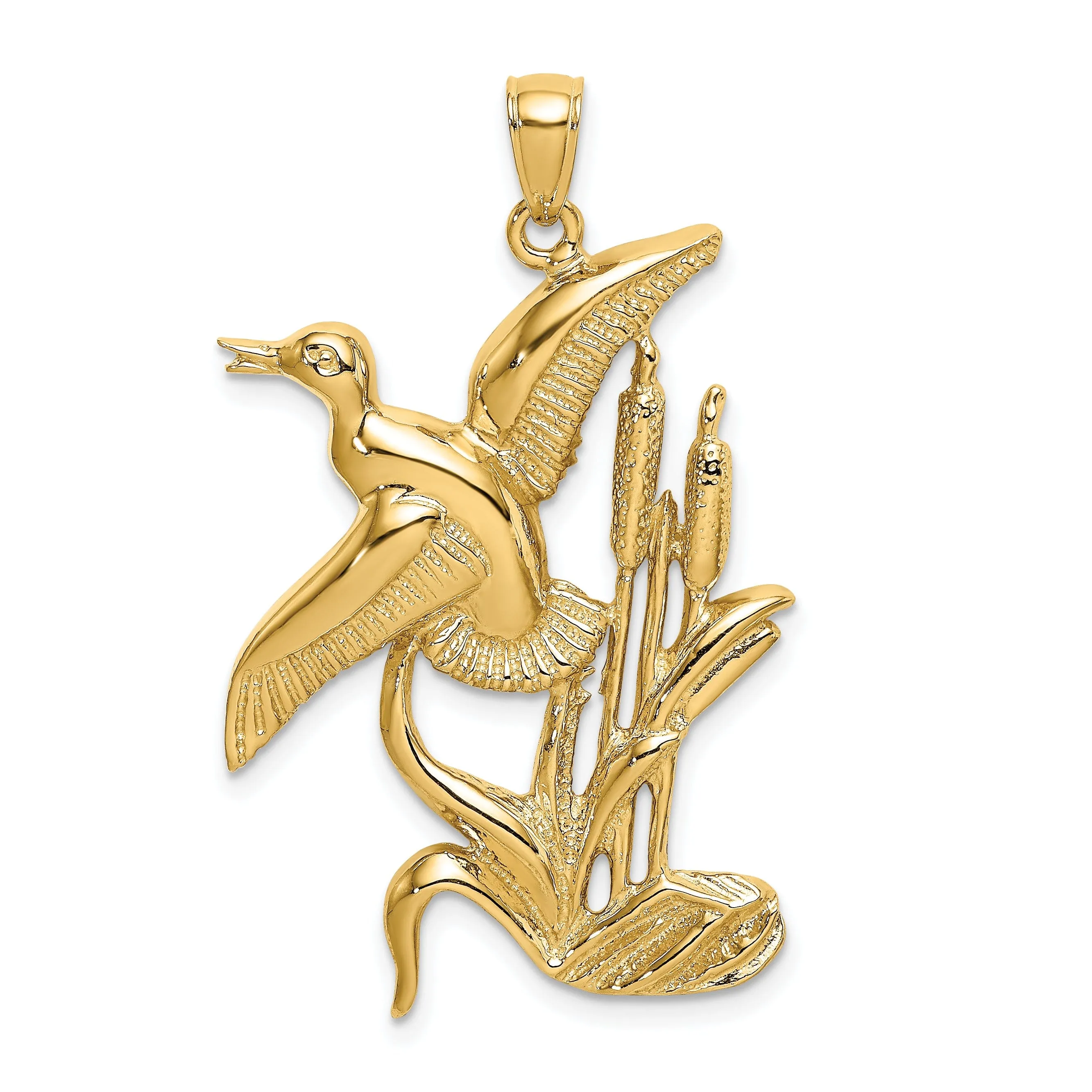 14K Yellow Gold Open Back Polished Textured Finish Duck Flying From Willow Grass Design Charm Pendant