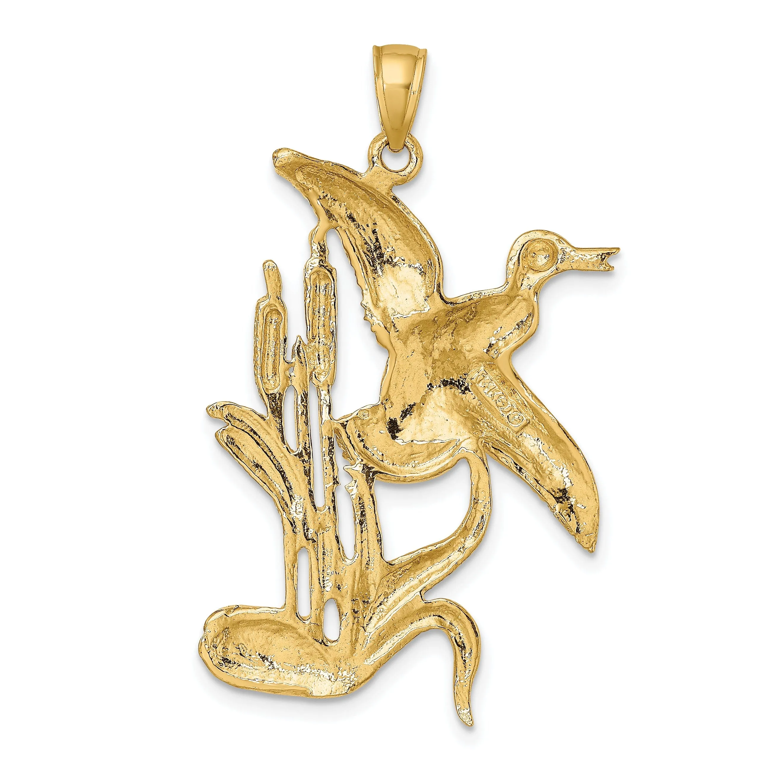 14K Yellow Gold Open Back Polished Textured Finish Duck Flying From Willow Grass Design Charm Pendant