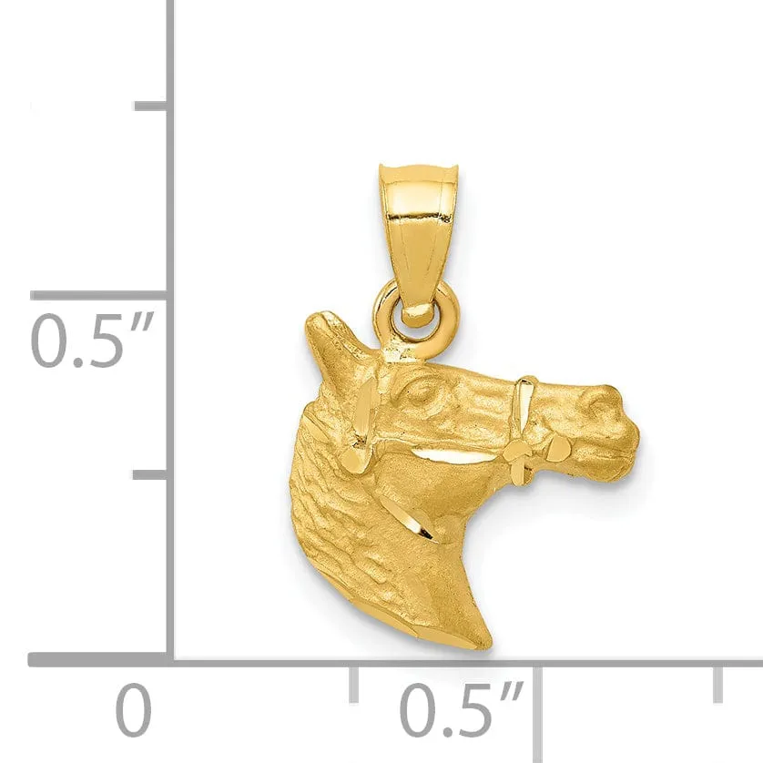 14k Yellow Gold Open Back Solid Diamond Cut Brushed Finish Horse Head Design Mens Charm Pendant