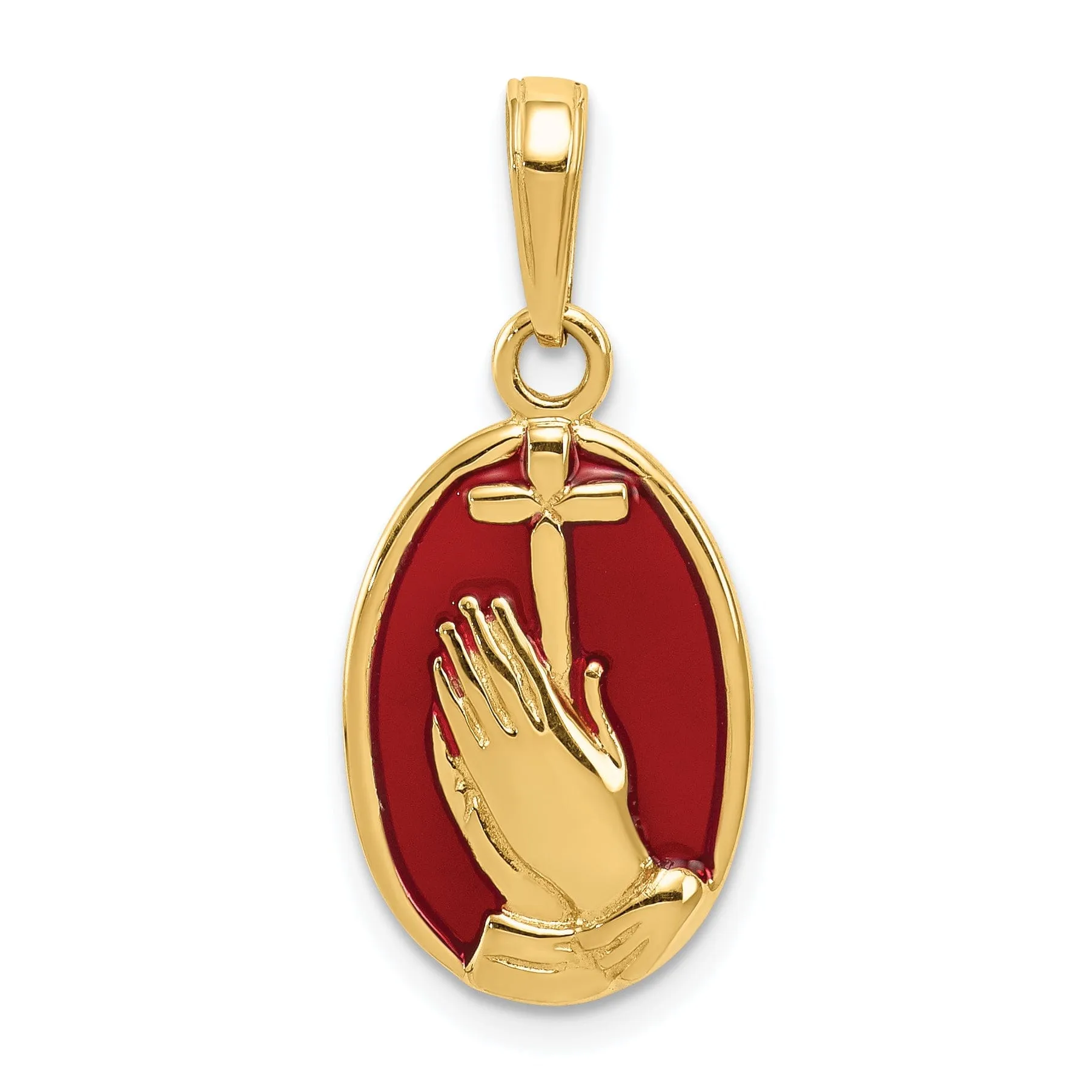 14K Yellow Gold Polished Red Finish Praying Hands with Cross Pendant