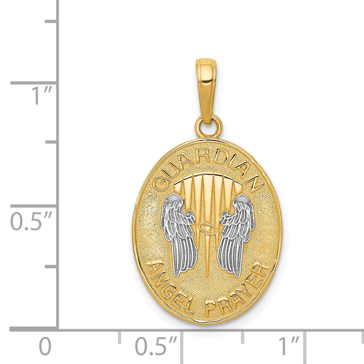 14K Yellow Gold White Rhodium Finish Guardian Angel Prayer Pendant