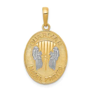 14K Yellow Gold White Rhodium Finish Guardian Angel Prayer Pendant