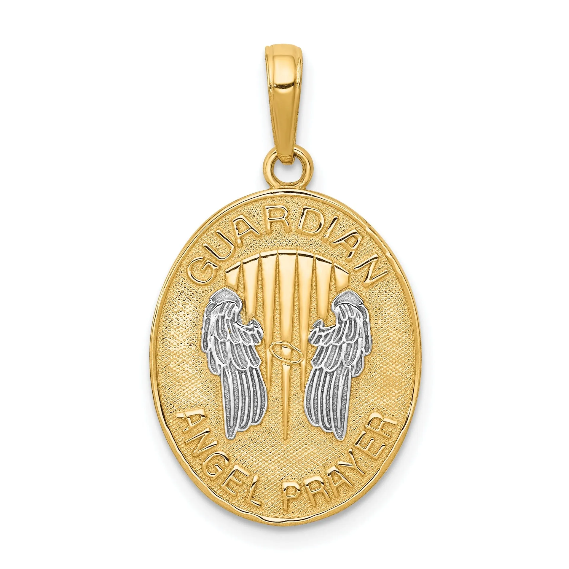 14K Yellow Gold White Rhodium Finish Guardian Angel Prayer Pendant