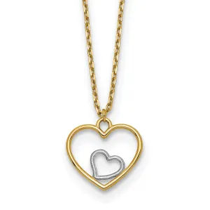 14k Yellow Gold, White Rhodium Hollow Polished Finish Heart in Heart Pendant Design in a 18-inch Cable Chain Necklace Set