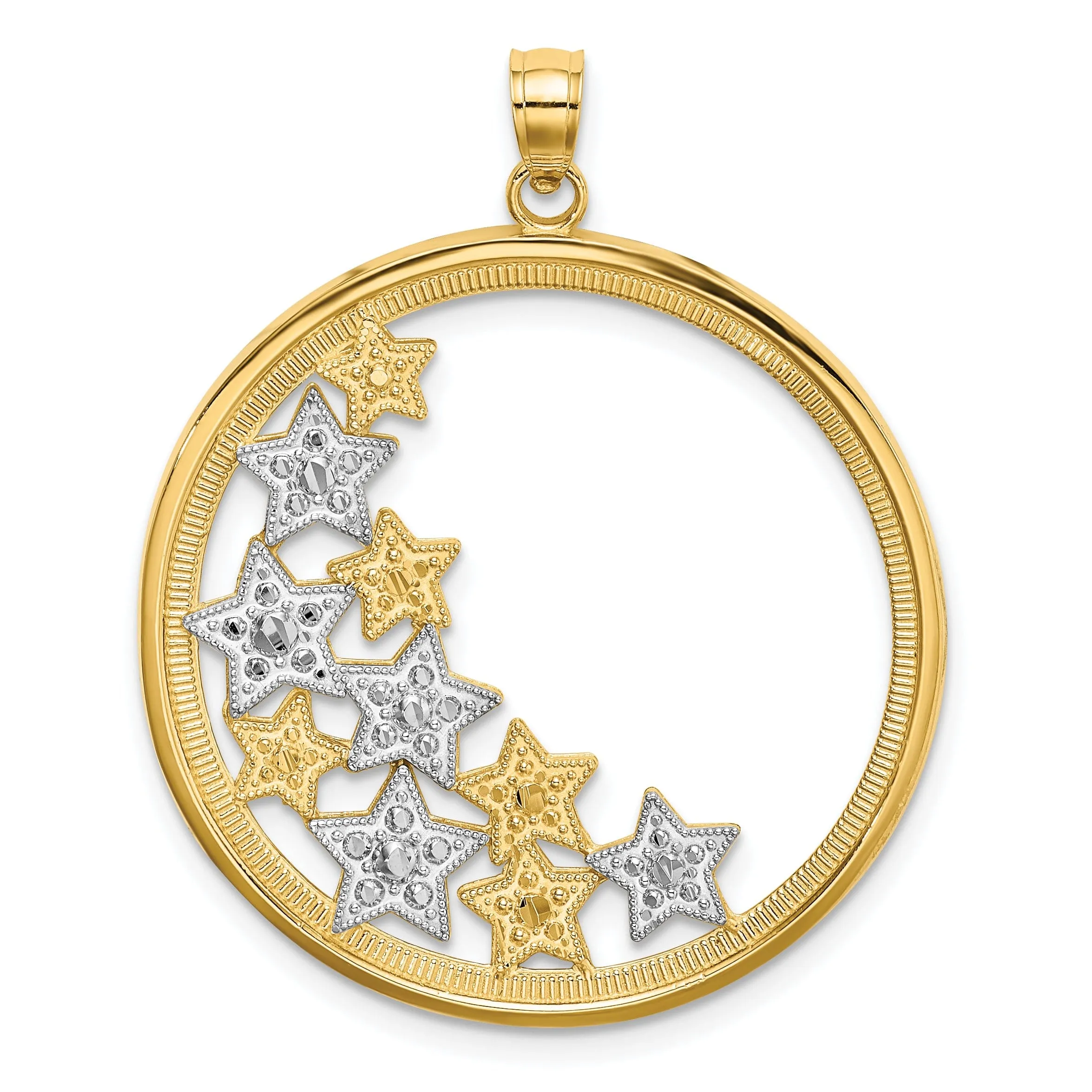 14k Yellow Gold White Rhodium Textured Polished Finish Stars in Round Frame Charm Pendant