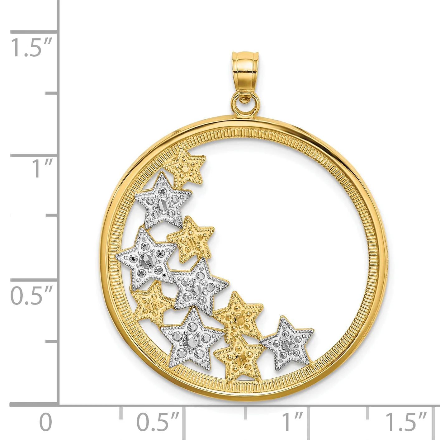 14k Yellow Gold White Rhodium Textured Polished Finish Stars in Round Frame Charm Pendant