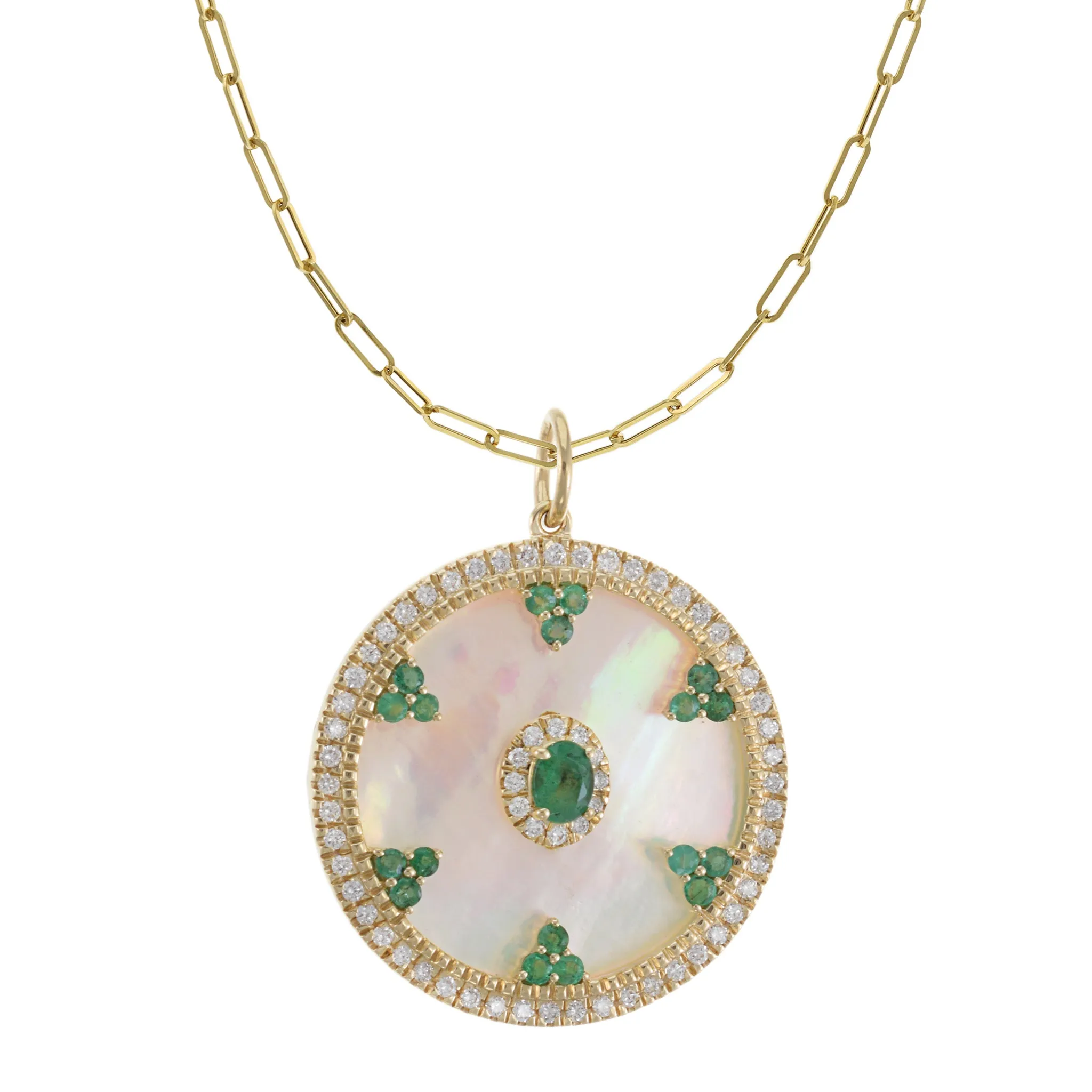 14KT Yellow Gold Mother of Pearl, Diamond, and Emerald Circle Disc Pendant