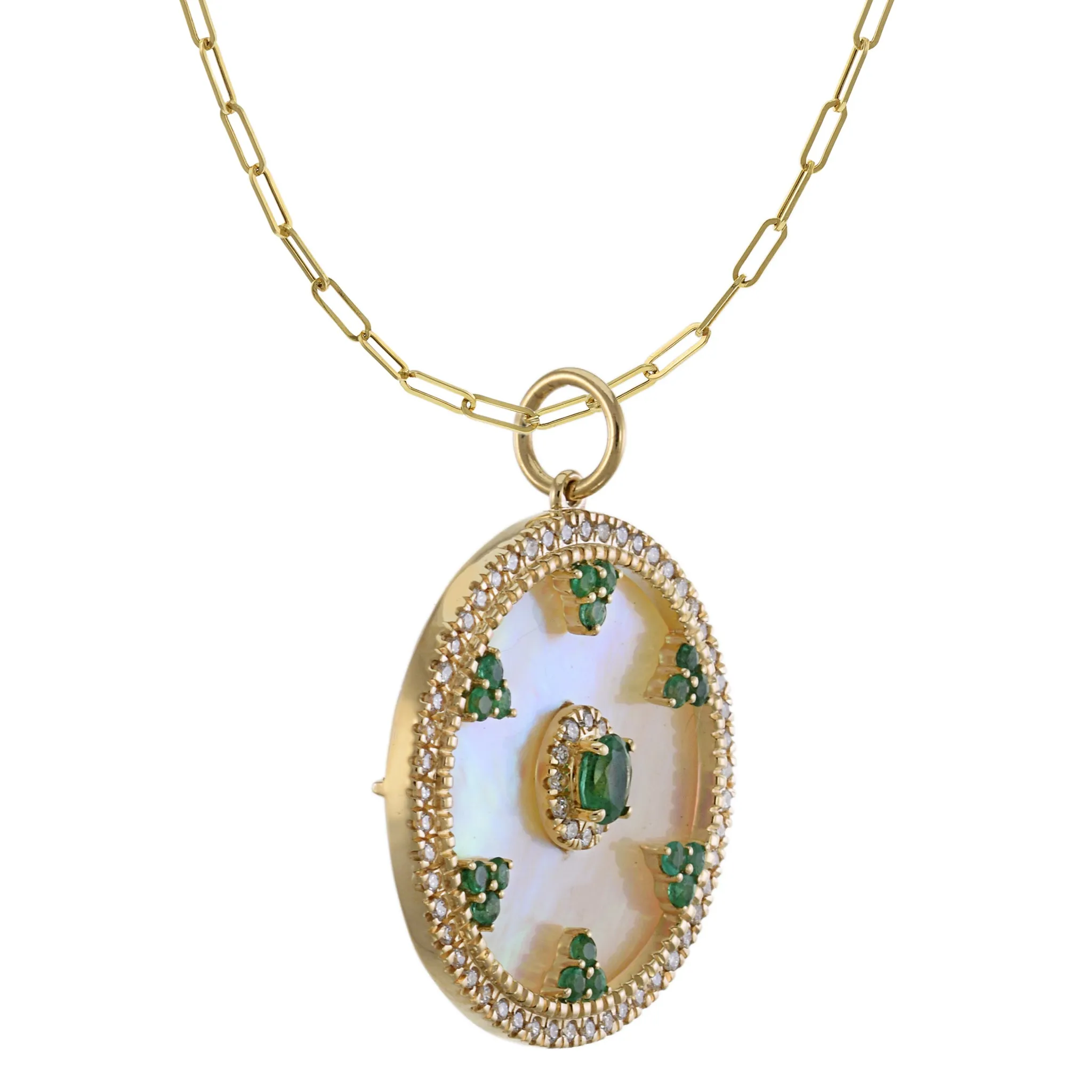 14KT Yellow Gold Mother of Pearl, Diamond, and Emerald Circle Disc Pendant