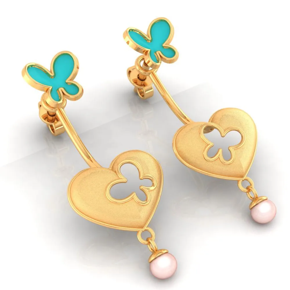 18k Heart-shaped Dangler Gold Earrings With Butterflies And Pearl Drop