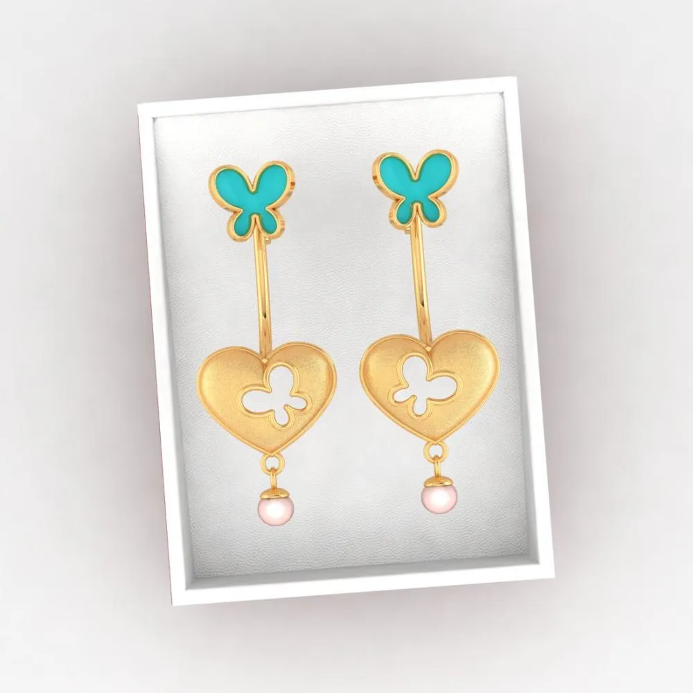 18k Heart-shaped Dangler Gold Earrings With Butterflies And Pearl Drop