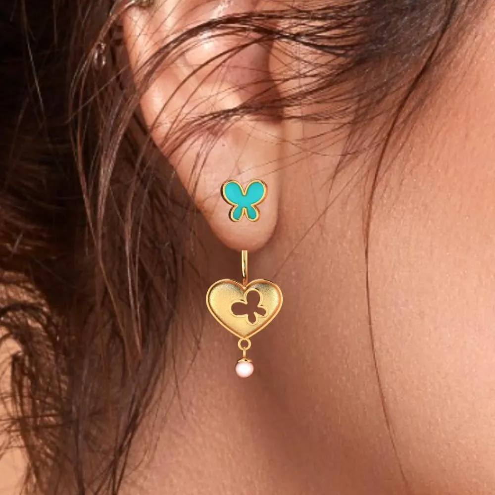 18k Heart-shaped Dangler Gold Earrings With Butterflies And Pearl Drop