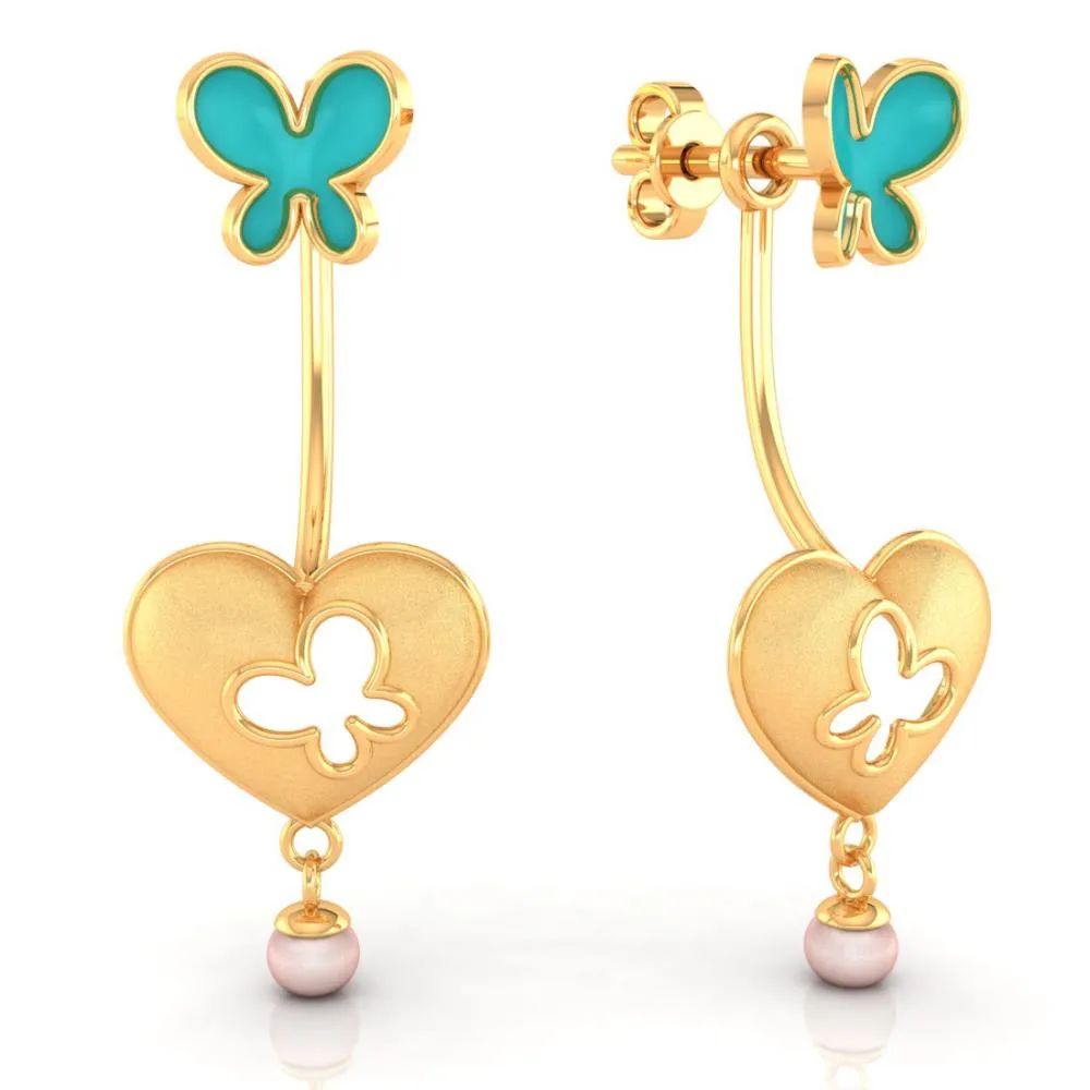 18k Heart-shaped Dangler Gold Earrings With Butterflies And Pearl Drop