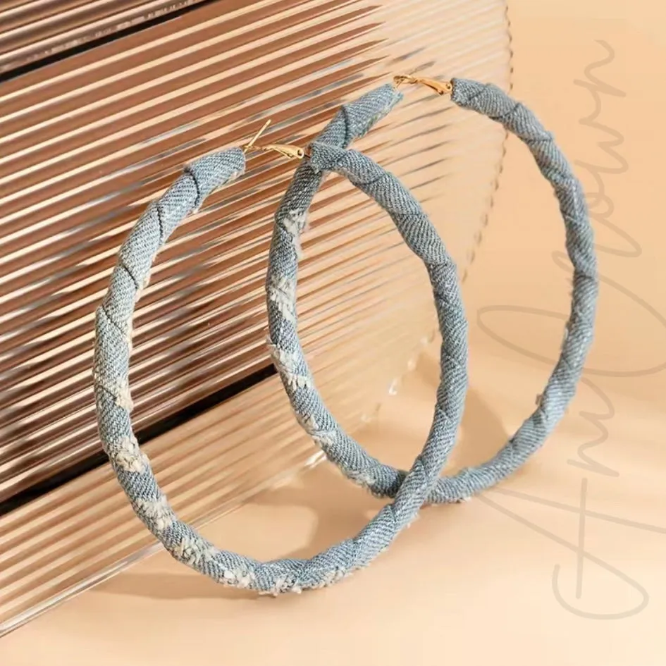 3.9in Retro Denim Circle Hoops