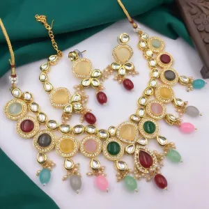 5G Jewellery Gold Plated Kundan Stone And Beads  Necklace Set