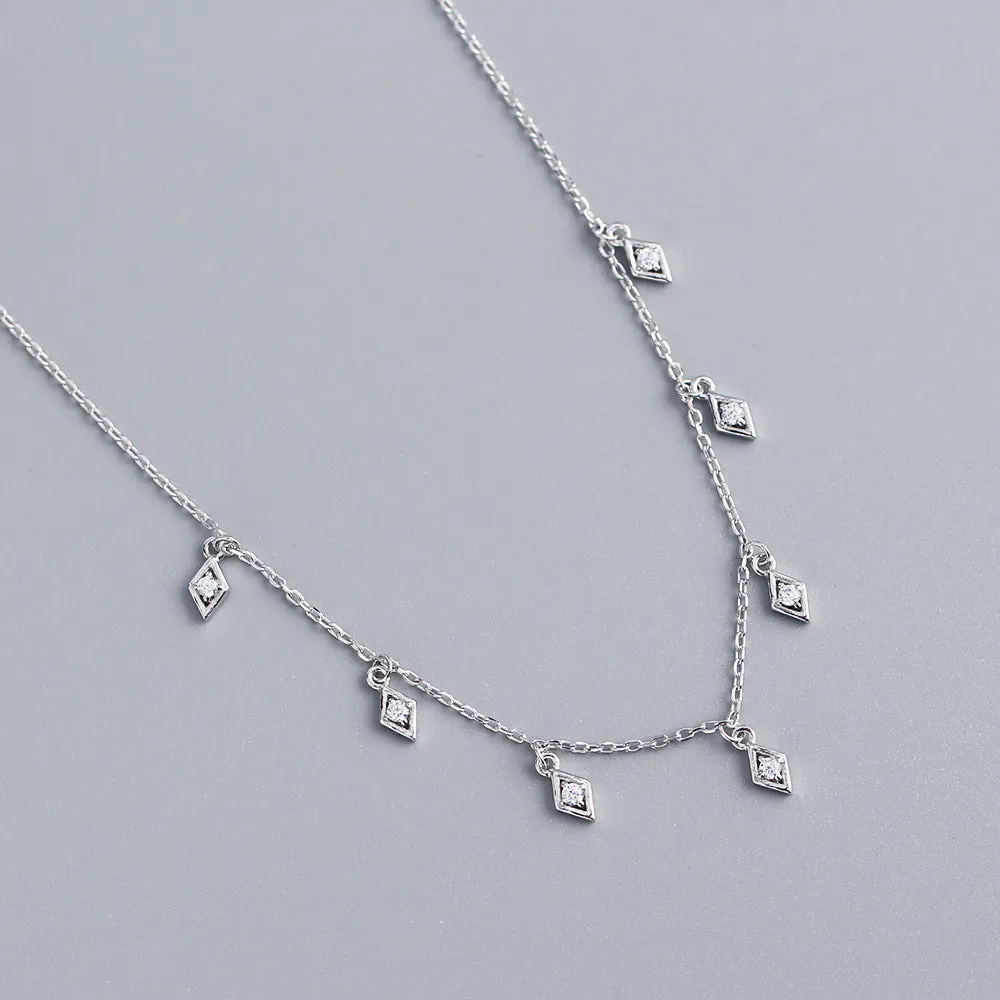 925 Sterling Silver Luxurious Quadrilateral Rhombus Silver Diamond Inlay Necklaces