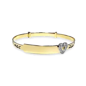 9ct Yellow Gold 3mm CZ Love Heart Identity Expandable Baby Bangle 2.2g