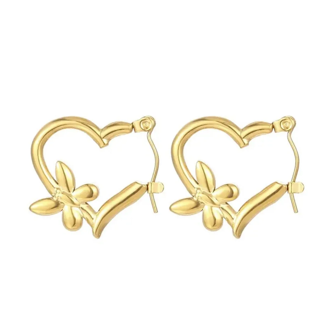 Anti Tarnish Gold Heart And Butterfly Hoop Earring