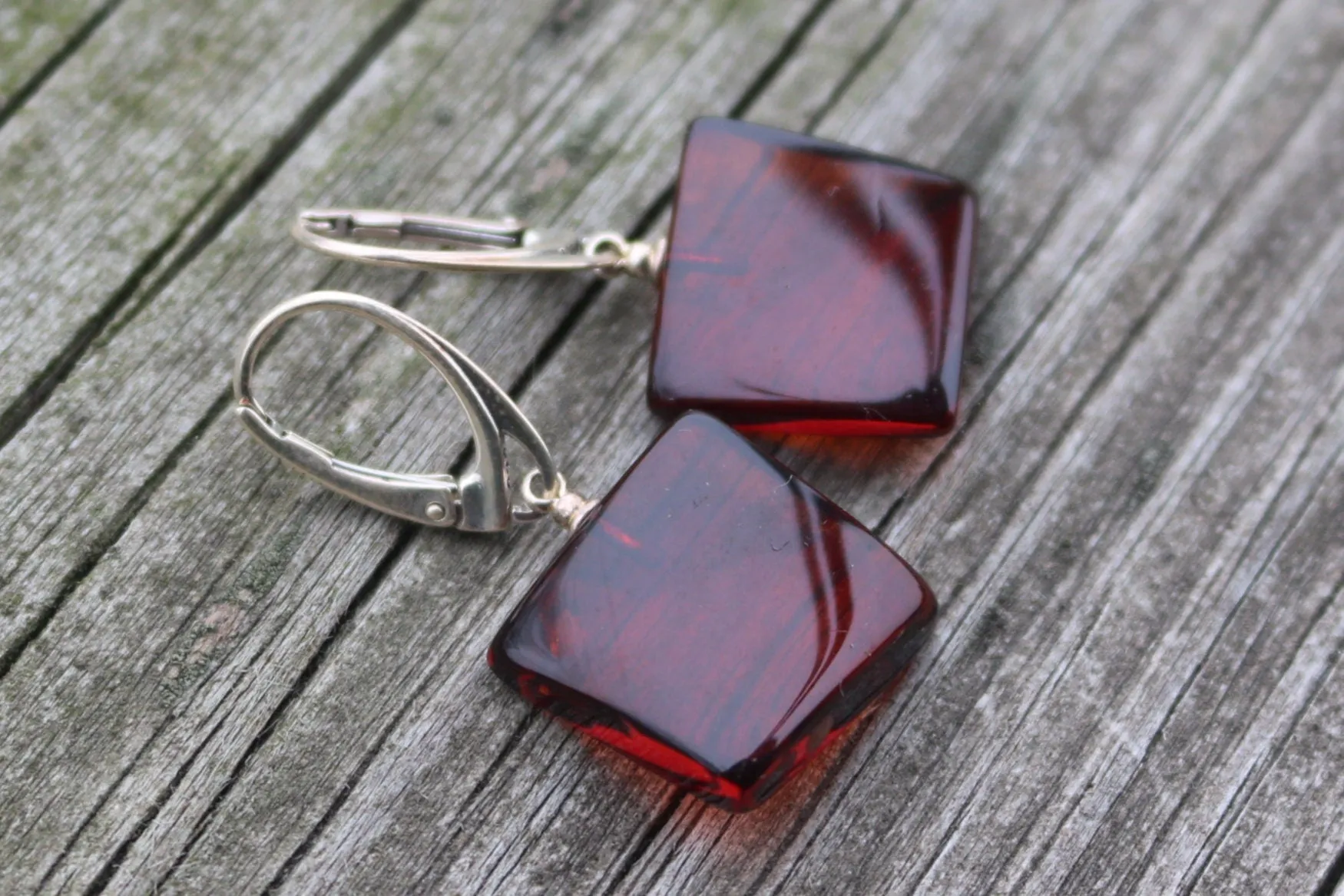 Baltic Amber Earrings Cherry Square Natural Jewelry 1.45" 4.1 gram 925 Silver