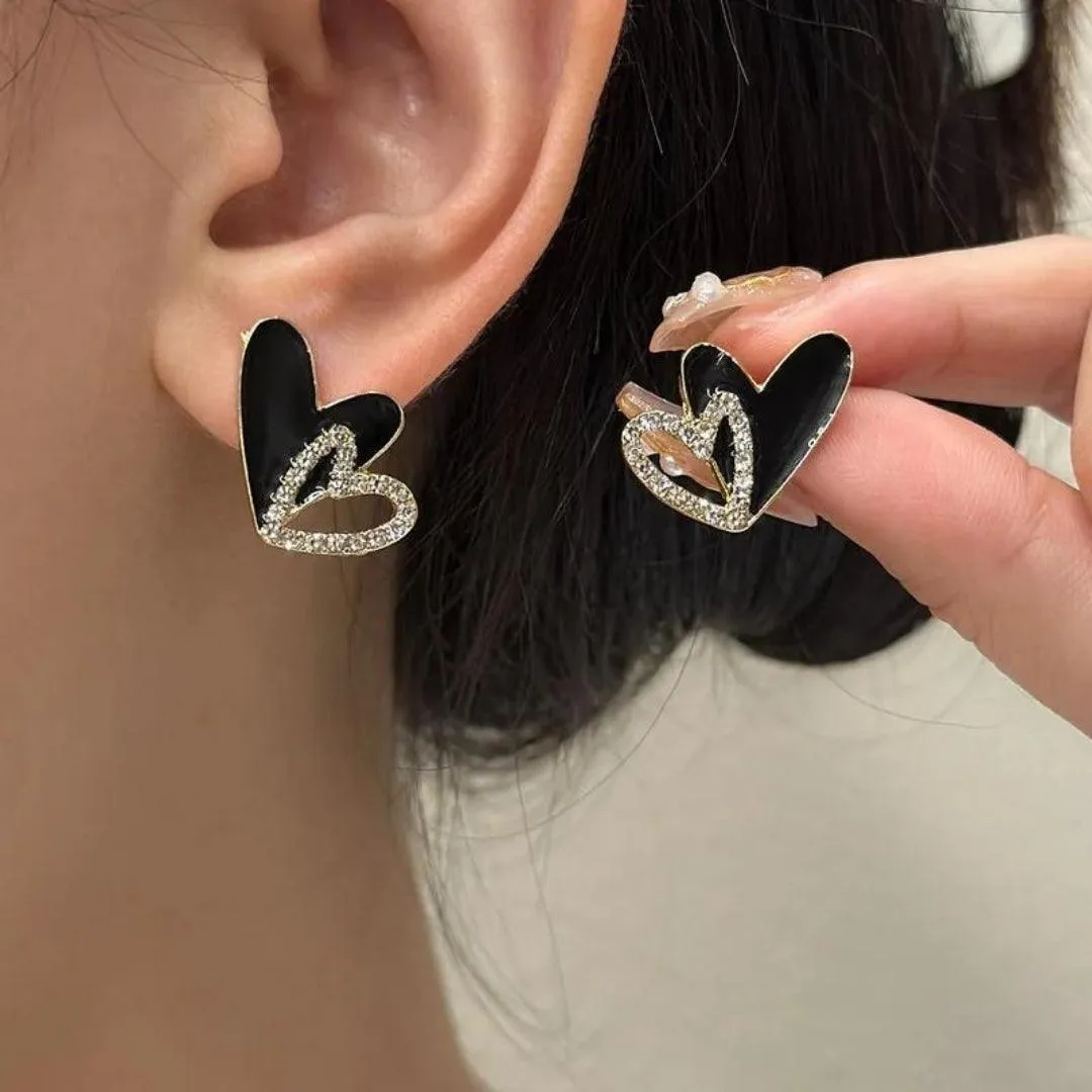 Black Crystal Double Heart Earrings