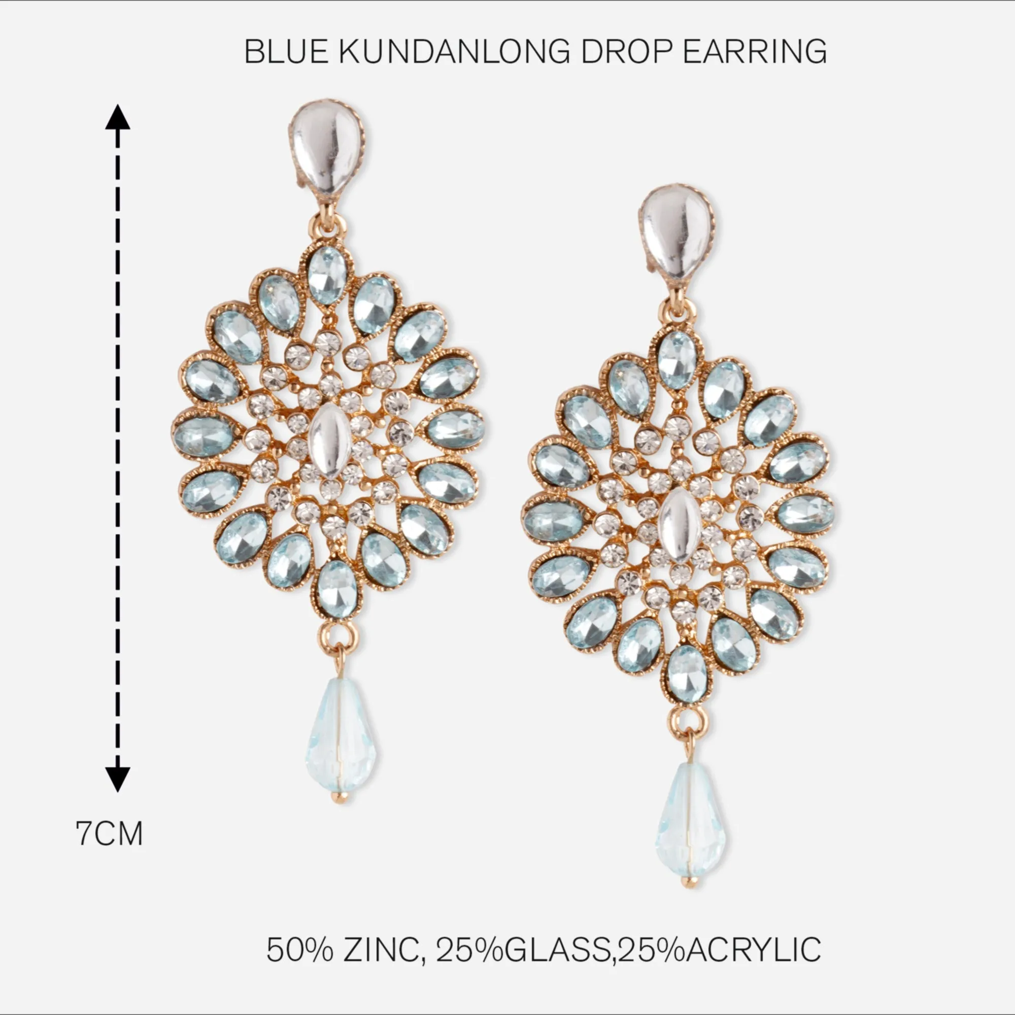 BLUE KUNDAN LONG DROP EARRING