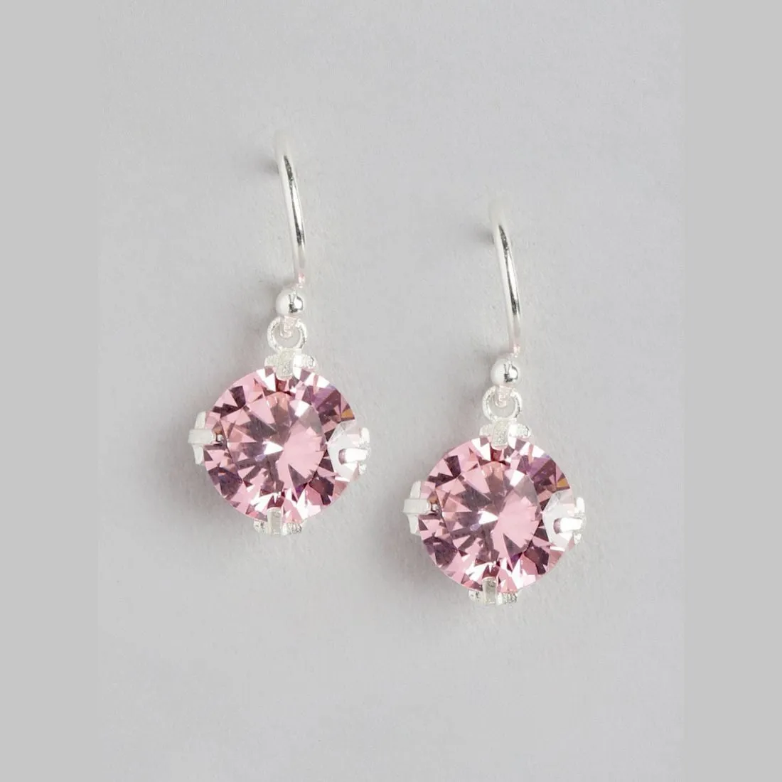 Blushing Petals: Rhodium-Plated Silver Dangle Earrings with Pink Cubic Zirconia