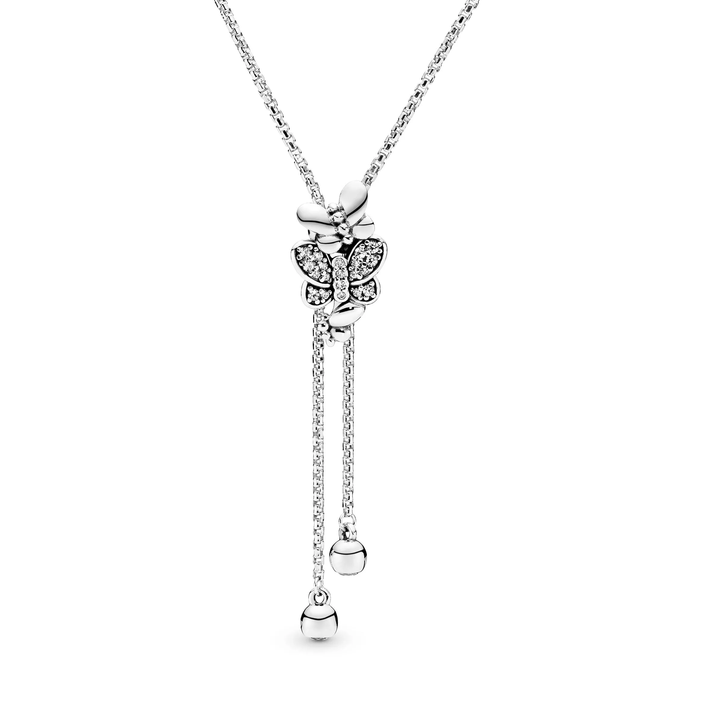 Butterfly silver Y-necklace with clear cubic zirconia and sliding clasp