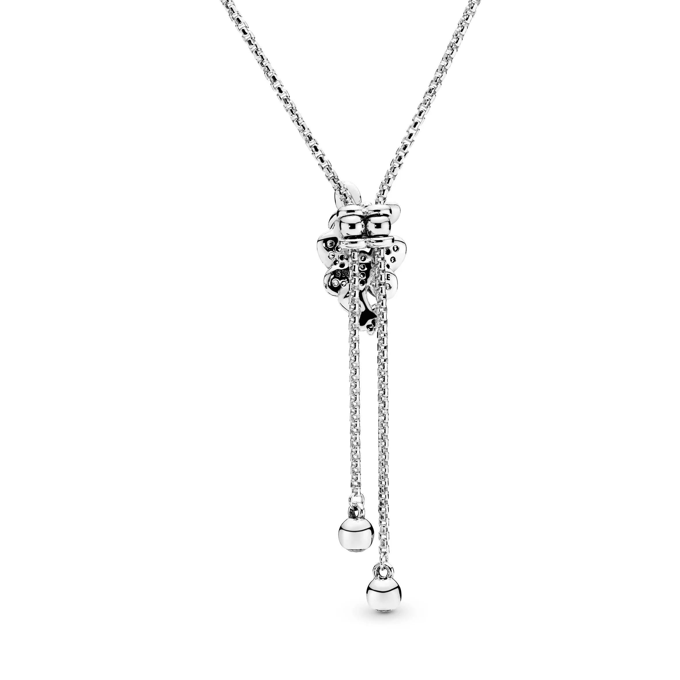 Butterfly silver Y-necklace with clear cubic zirconia and sliding clasp