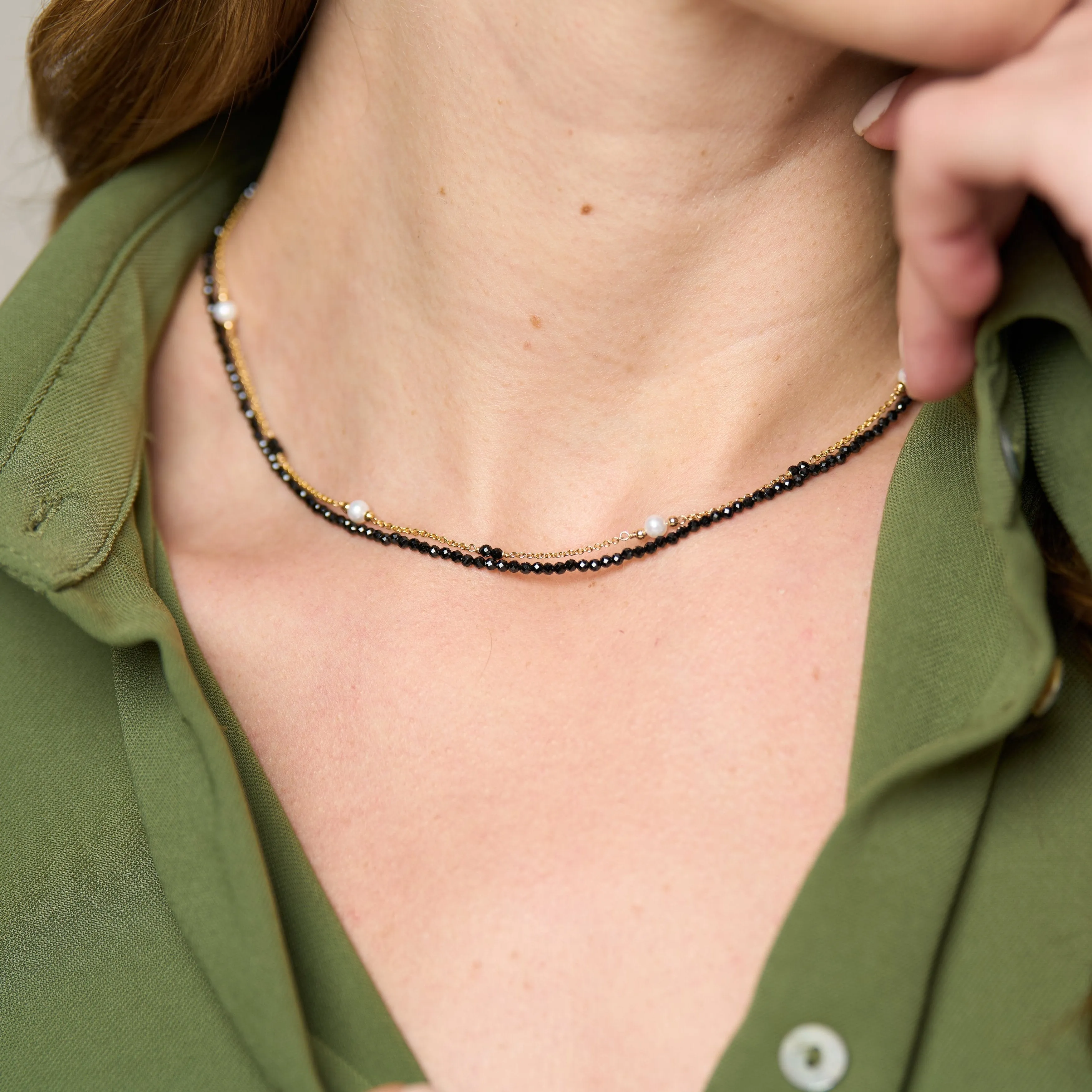 Clara fine double chain set with faceted black spinel & cultured freshwater pearls