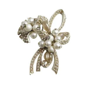 Coro White Enamel & Pearl Floral Brooch