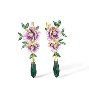 Delicate Enamel Flower with Diamond Drop Earrings