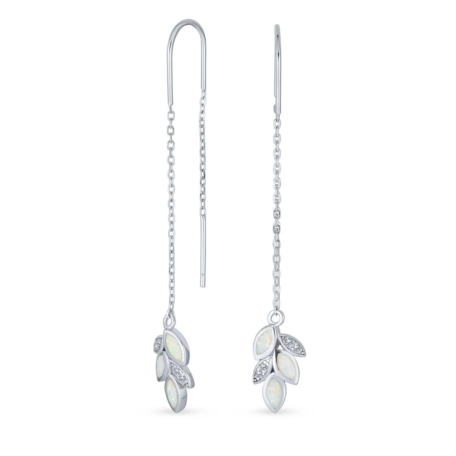 Delicate Marquise Gemstone Leaf Dangle Earrings with Opal Inlay Sterling Silver