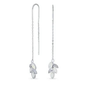 Delicate Marquise Gemstone Leaf Dangle Earrings with Opal Inlay Sterling Silver