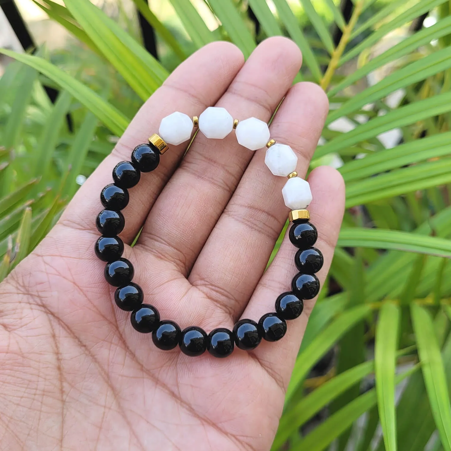 Diamond Cut Clear Quartz With Black Obsidian And Golden Hematite Bracelet