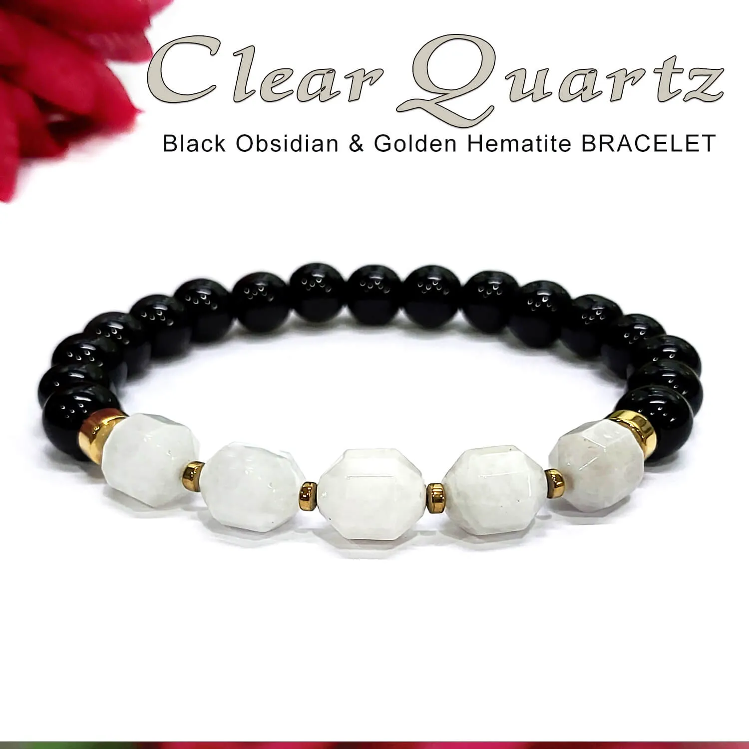 Diamond Cut Clear Quartz With Black Obsidian And Golden Hematite Bracelet