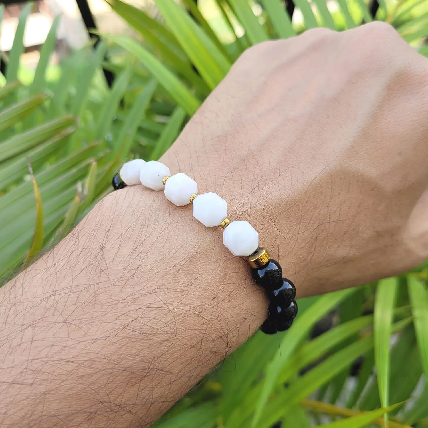 Diamond Cut Clear Quartz With Black Obsidian And Golden Hematite Bracelet