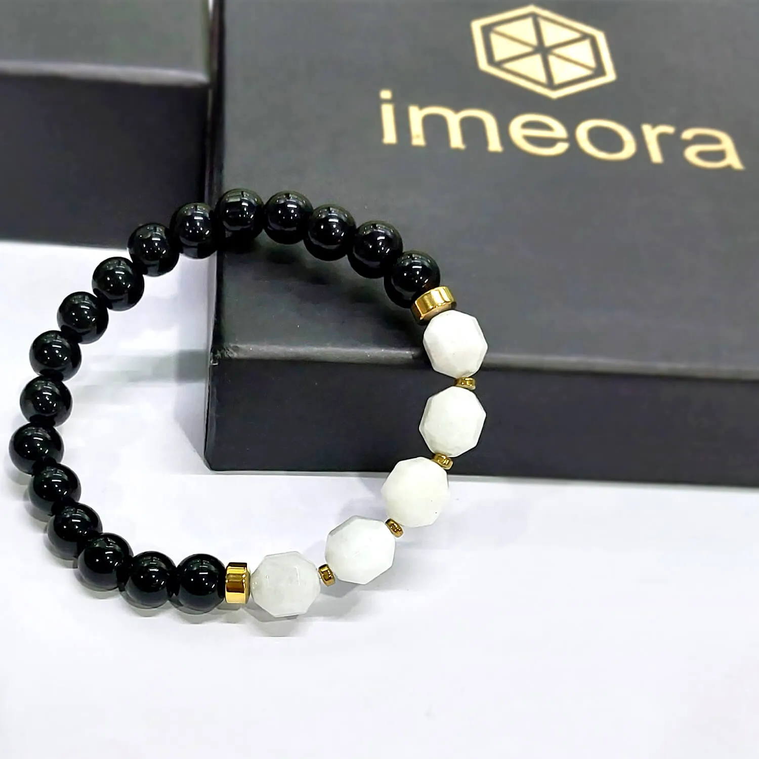 Diamond Cut Clear Quartz With Black Obsidian And Golden Hematite Bracelet