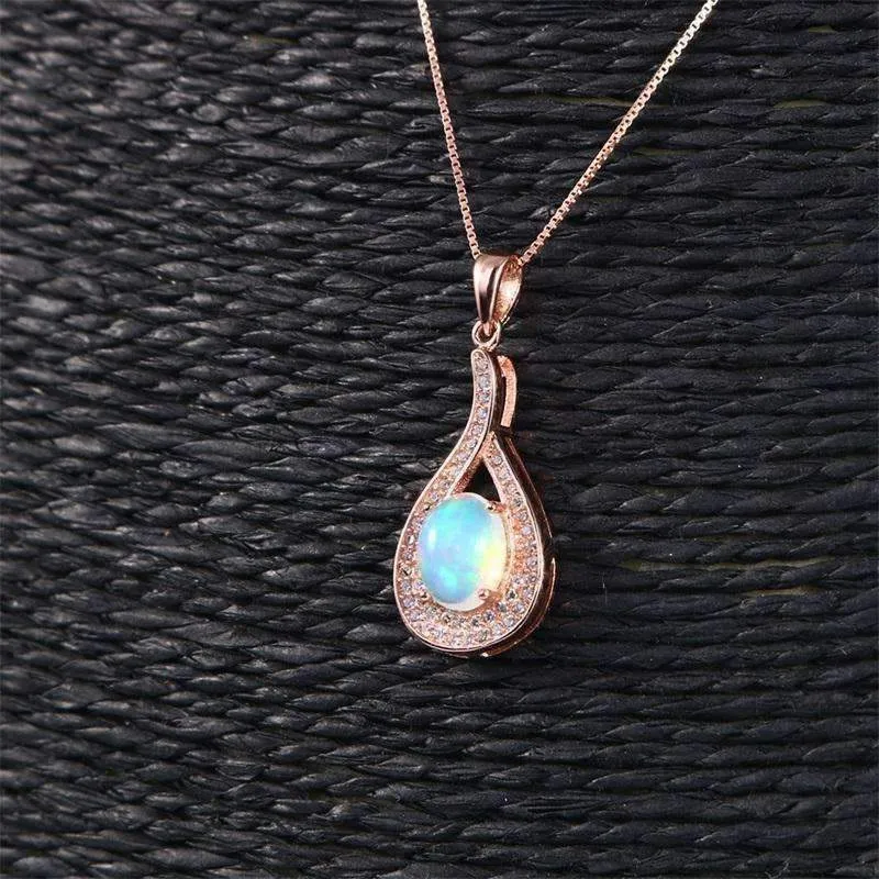 Divine Opal and Rose Gold Drop IOBI 925 Sterling Silver Necklace