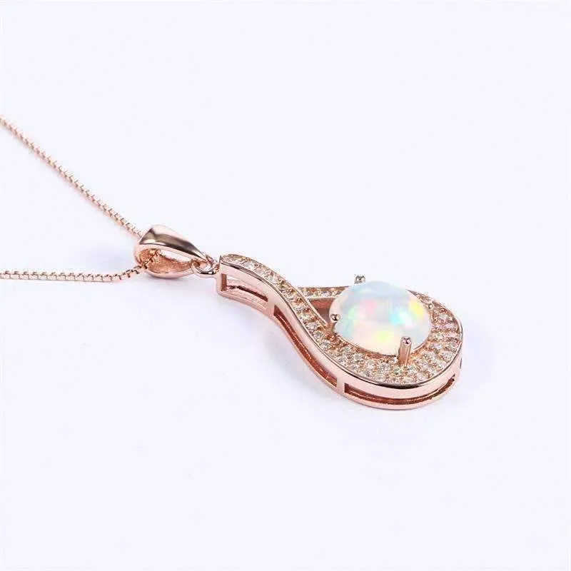 Divine Opal and Rose Gold Drop IOBI 925 Sterling Silver Necklace