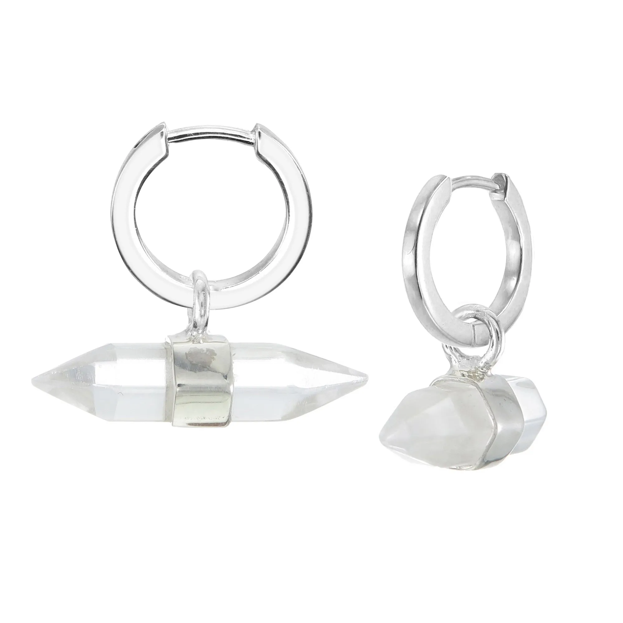 DOUBLE POINT CRYSTAL - HOOP EARRINGS - CLEAR QUARTZ - SILVER