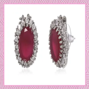 Estele Rhodium Plated CZ Ruby Halo Stud Earrings for women