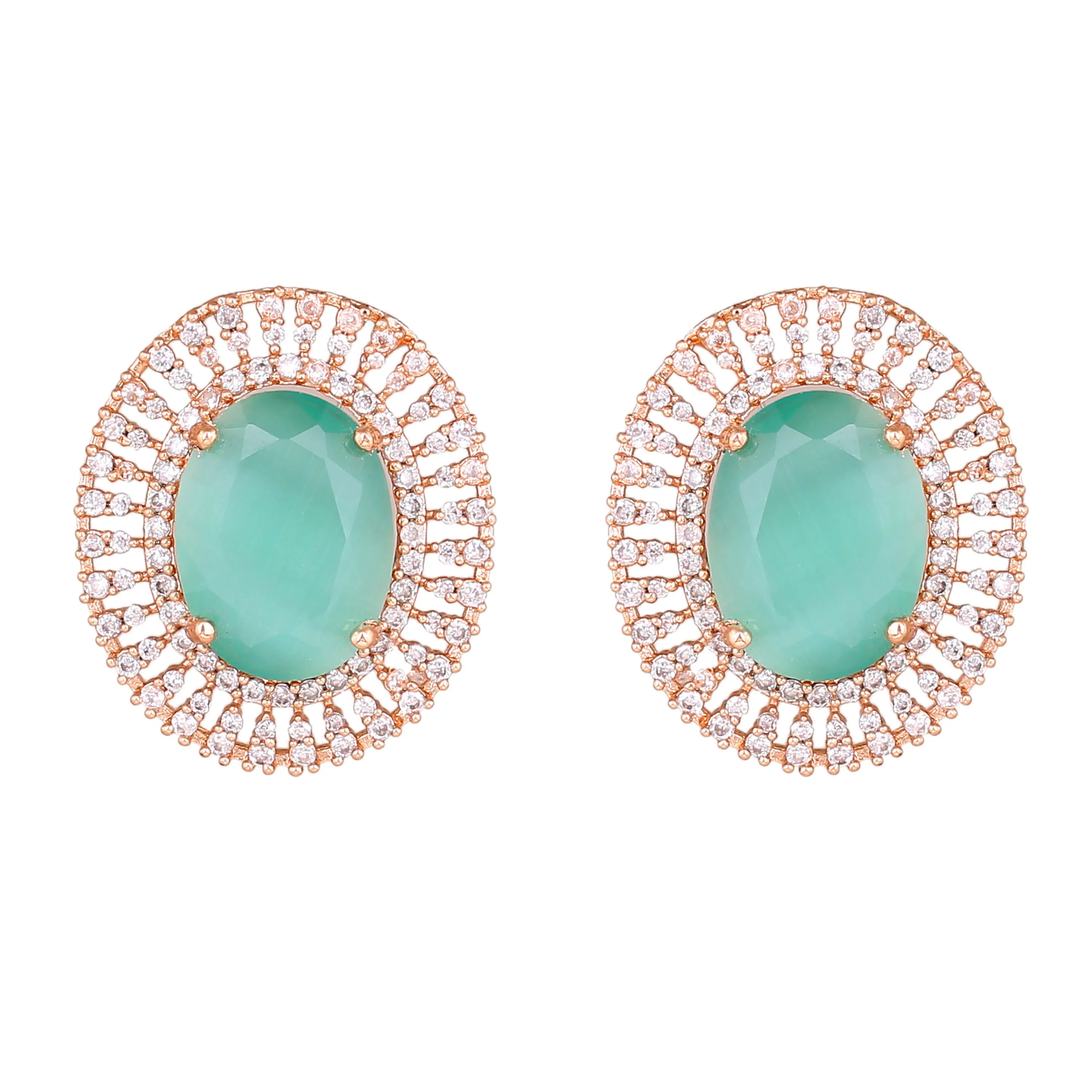 Estele Rose Gold Plated CZ Circular Designer Stud Earrings with Mint Green Stones for Women