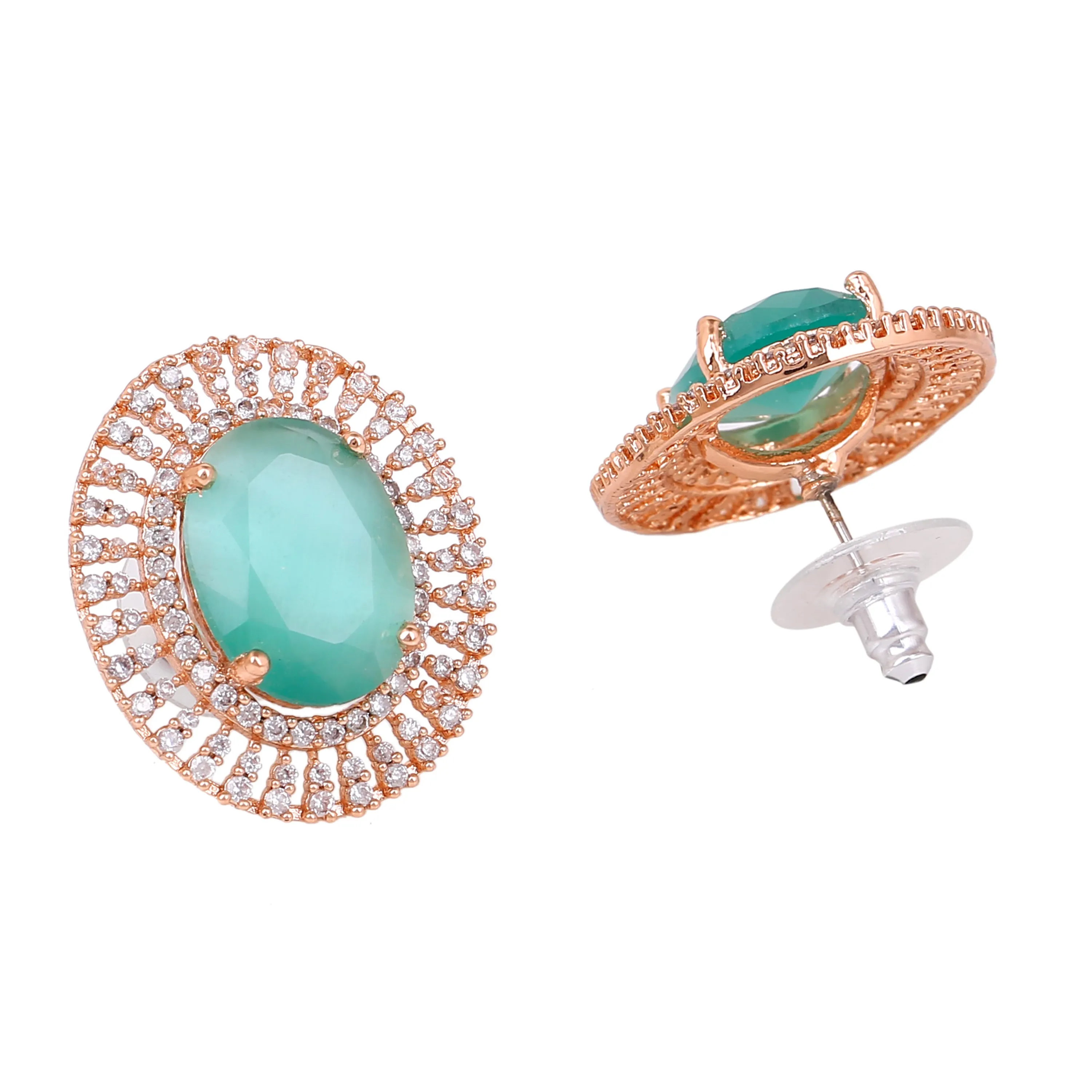 Estele Rose Gold Plated CZ Circular Designer Stud Earrings with Mint Green Stones for Women